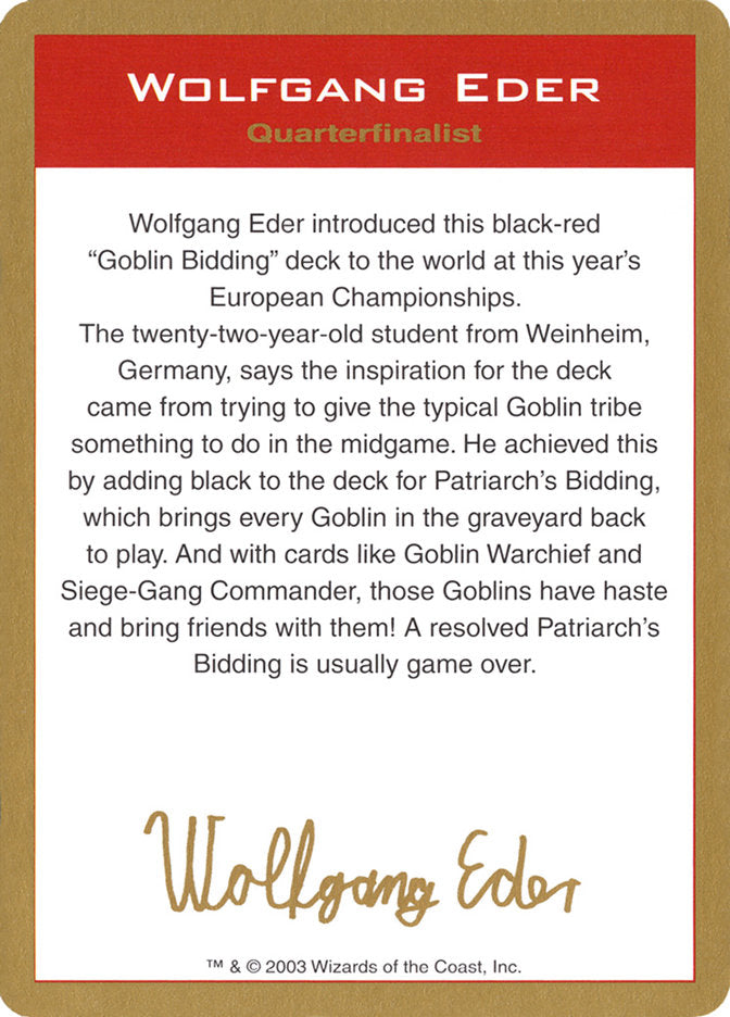 Wolfgang Eder Bio [World Championship Decks 2003] | North of Exile Games