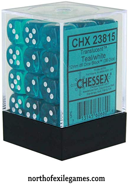 36 TEAL W/WHITE TRANSLUCENT 12MM D6 DICE BLOCK - CHX 23815 | North of Exile Games