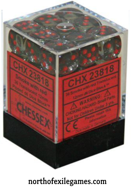 36 SMOKE W/RED TRANSLUCENT 12MM D6 DICE BLOCK - CHX 23818 | North of Exile Games