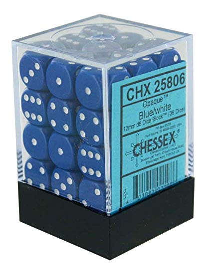 36 Blue w/white Opaque 12mm D6 Dice Block - CHX25806 | North of Exile Games