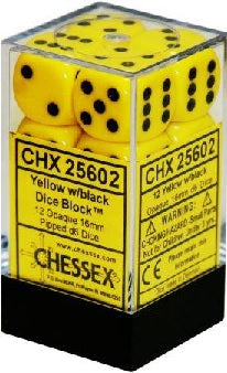 12 Yellow w/black Opaque 16mm D6 Dice Block - CHX25602 | North of Exile Games
