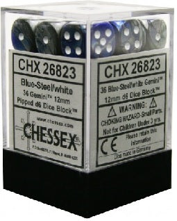 36 Blue-steel w/white Gemini 12mm D6 Dice Block - CHX26823 | North of Exile Games