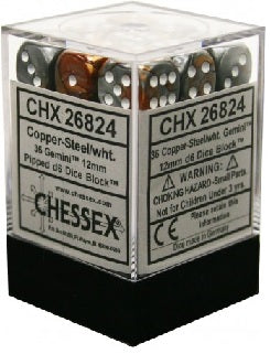 36 Copper-Steel w/white Gemini 12mm D6 Dice Block - CHX26824 | North of Exile Games