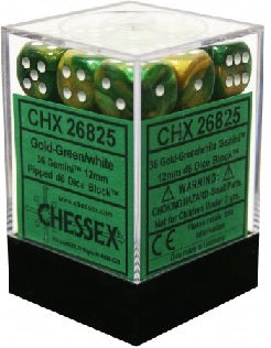 36 Gold-Green w/white Gemini 12mm D6 Dice Block - CHX26825 | North of Exile Games
