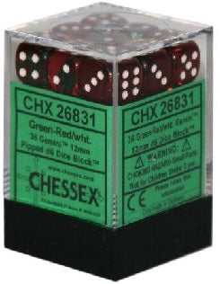 36 Green-Red /white Gemini 12mm D6 Dice Block - CHX26831 | North of Exile Games