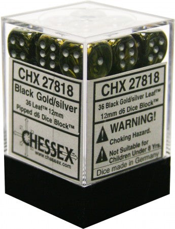 36 Black Gold w/silver Leaf 12mm D6 Dice Block - CHX27818 | North of Exile Games