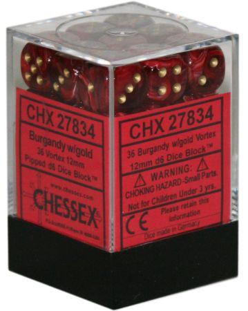 36 Burgundy / Gold Vortex Dice 12mm D6 Dice Block - CHX27834 | North of Exile Games