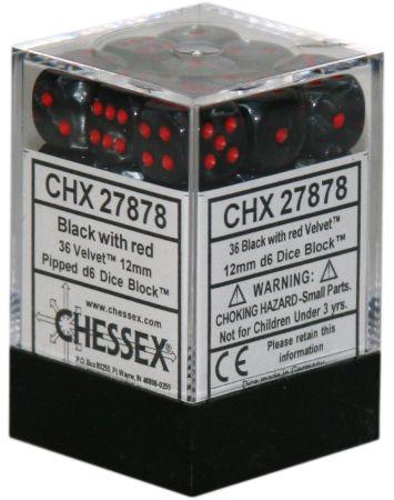 36 Black w/red Velvet 12mm D6 Dice Block - CHX27878 | North of Exile Games