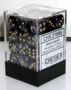 36 Black w/gold Lustrous 12mm D6 Dice Block - CHX27898 | North of Exile Games