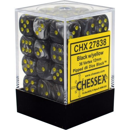 36 Black w/yellow Vortex 12mm D6 Dice Block - CHX27838 | North of Exile Games