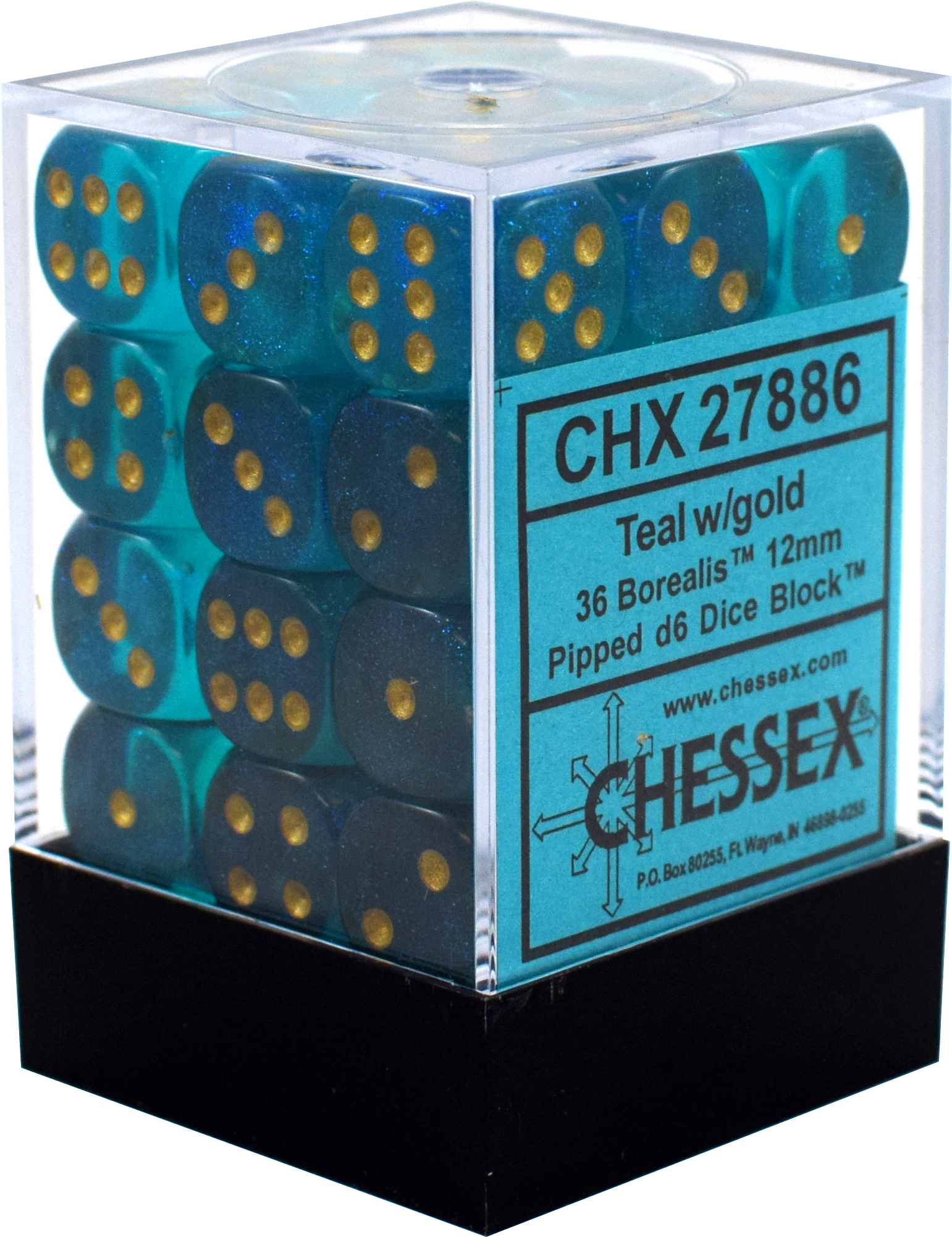 36 Borealis Teal / Gold 12mm D6 Dice Block - CHX27886 | North of Exile Games