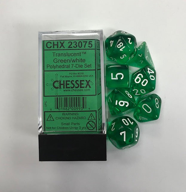 7 die Polyhedral green / white translucent Dice Block - CHX23075 | North of Exile Games