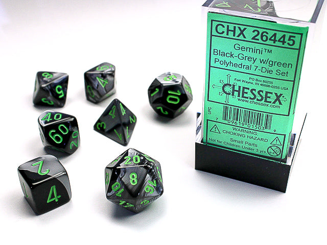 Gemini Black-Grey w/Green Set of 7 Dice - CHX26445 | North of Exile Games