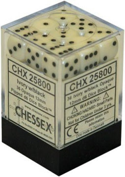 36 ivory w/black Opaque 12mm D6 Dice Block - CHX25800 | North of Exile Games