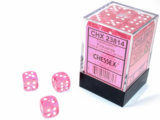 36 Pink / White Translucent 12mm D6 Dice Block - CHX23814 | North of Exile Games