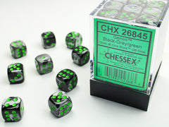 36 Black-Grey w/Green Gemini 12mm D6 Dice Block - CHX26845 | North of Exile Games