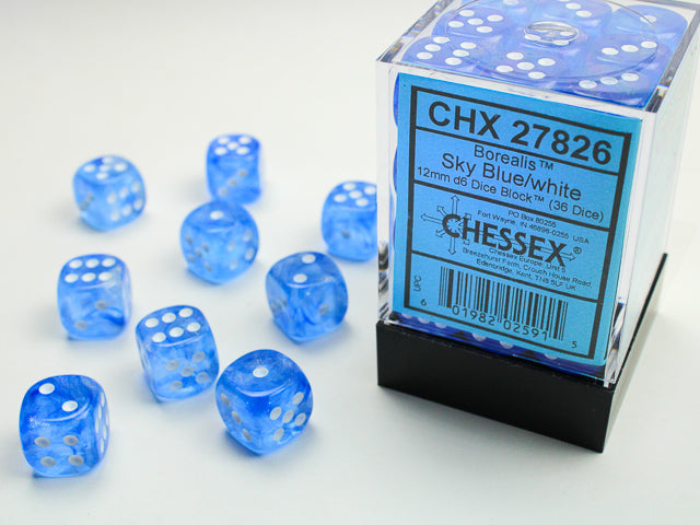 36 Sky Blue / White Borealis 12mm D6 Dice Block - CHX27826 | North of Exile Games