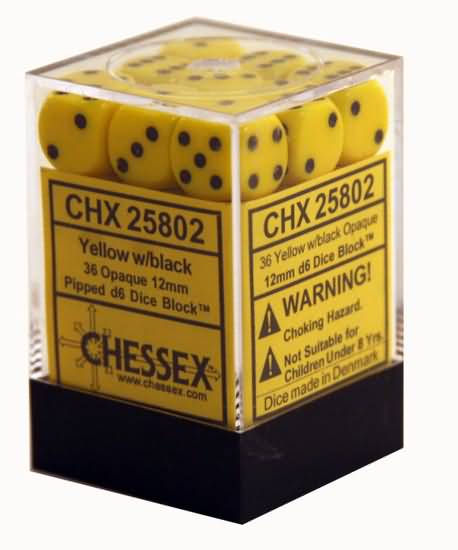 36 Yellow with Black Opaque 12mm D6 Dice Block - CHX25802 | North of Exile Games