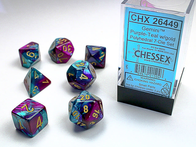 Gemini Purple-Teal w/Gold Set of 7 Dice - CHX26449 | North of Exile Games